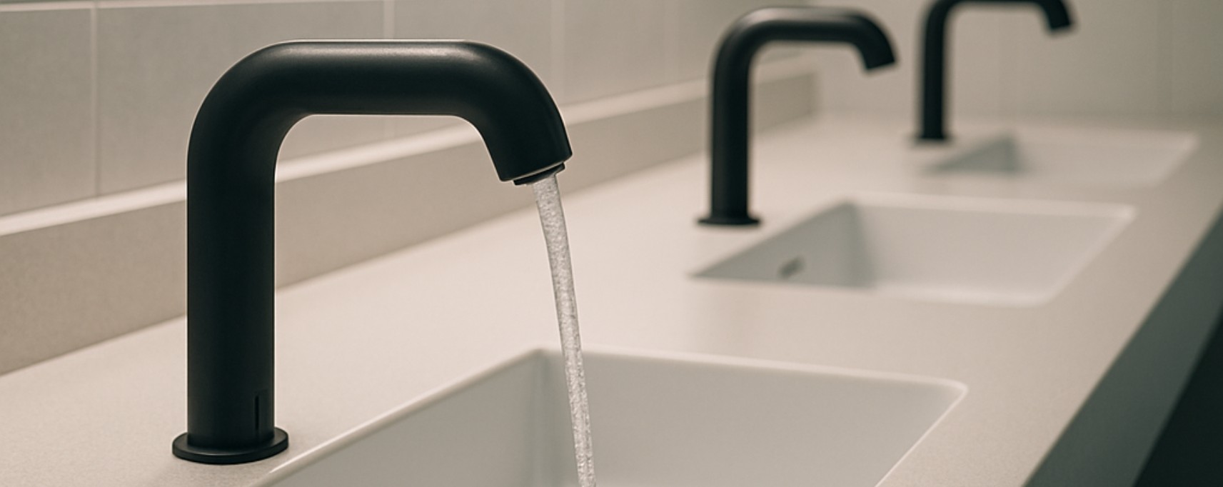 Architect-grade touchless faucets and soap dispensers installed in a commercial airport restroom